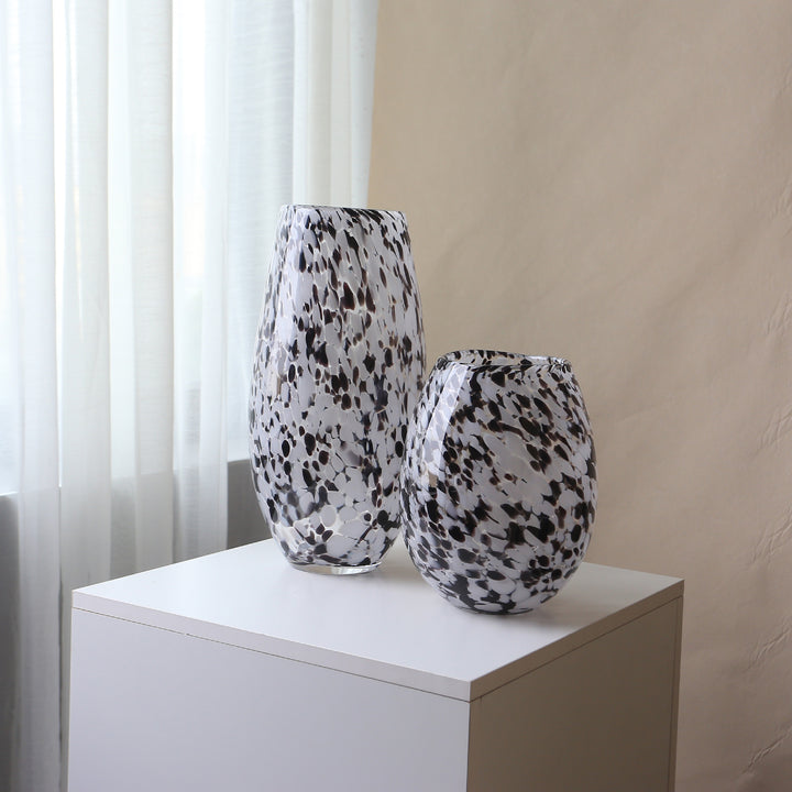 Handblown Speckled Art Glass Vase Set with Tapered and Bulbous Shapes