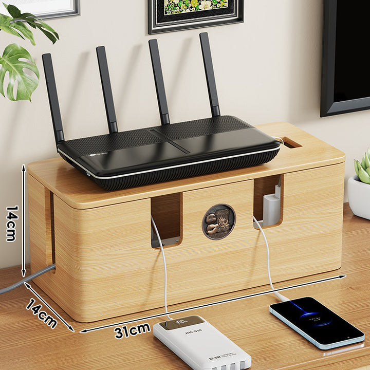 Wooden Cable Organizer Box with Router Top Shelf and Multi-Compartment Charging Station
