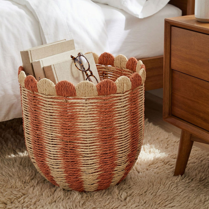 Handwoven storage basket with wave edge