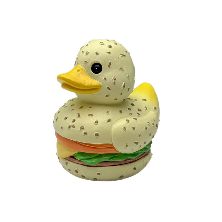Funny rubber duck in hamburger design
