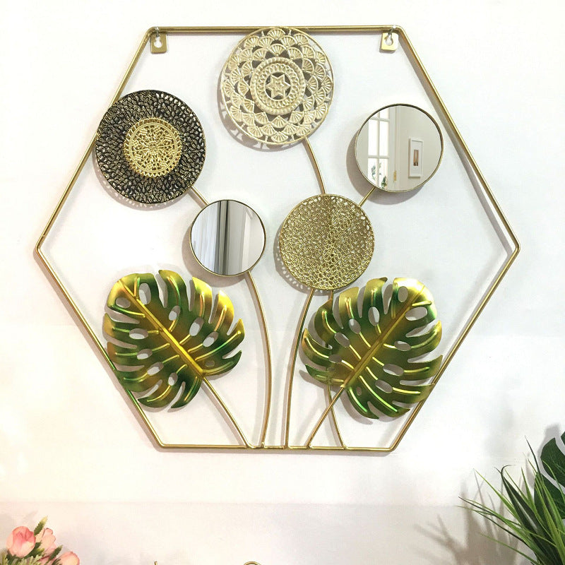 Decorative Metal Wall Art with Tropical Leaf and Mirror Design