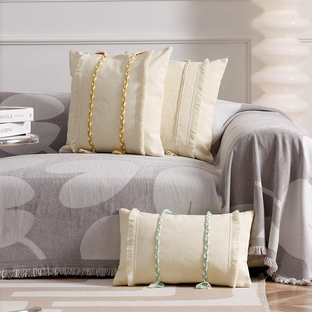 Decorative rectangular cotton cushion cover with woven trims and fringes