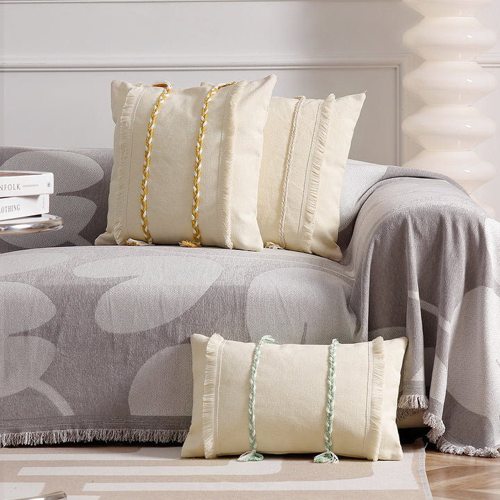Decorative rectangular cotton cushion cover with woven trims and fringes
