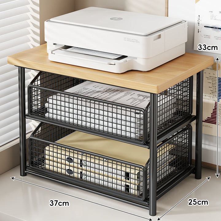 Adjustable Desktop Printer Stand with Wooden Top and Metal Mesh Storage Drawer
