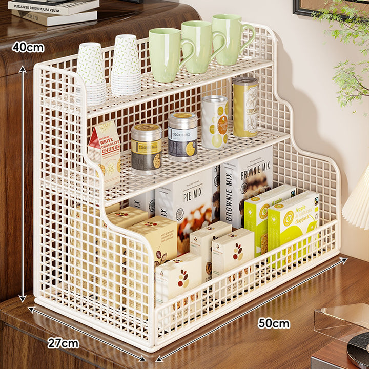 Multi-Tier Mesh Metal and Bamboo Countertop Pantry Organizer Shelf
