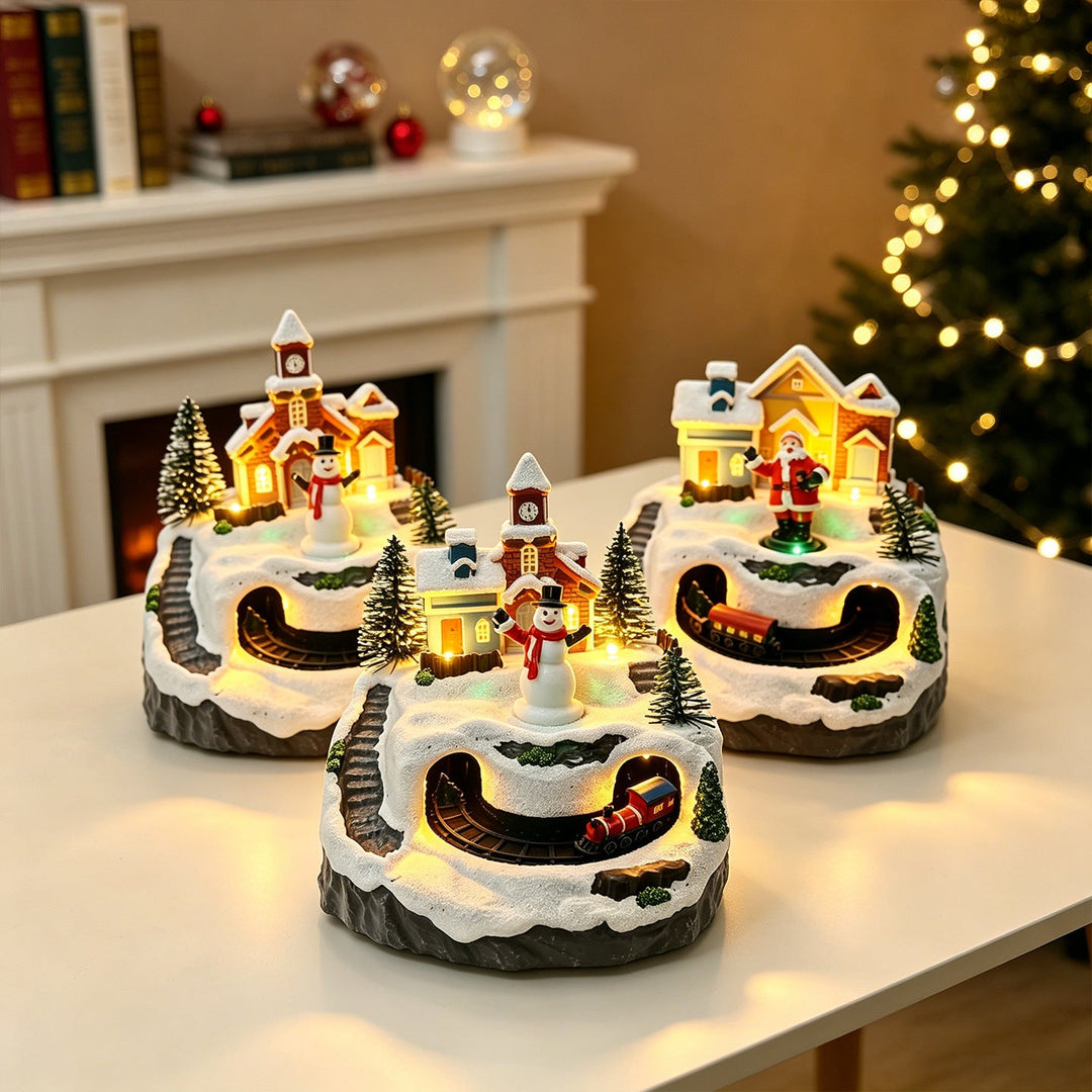 Movable Christmas village with lights and snowman