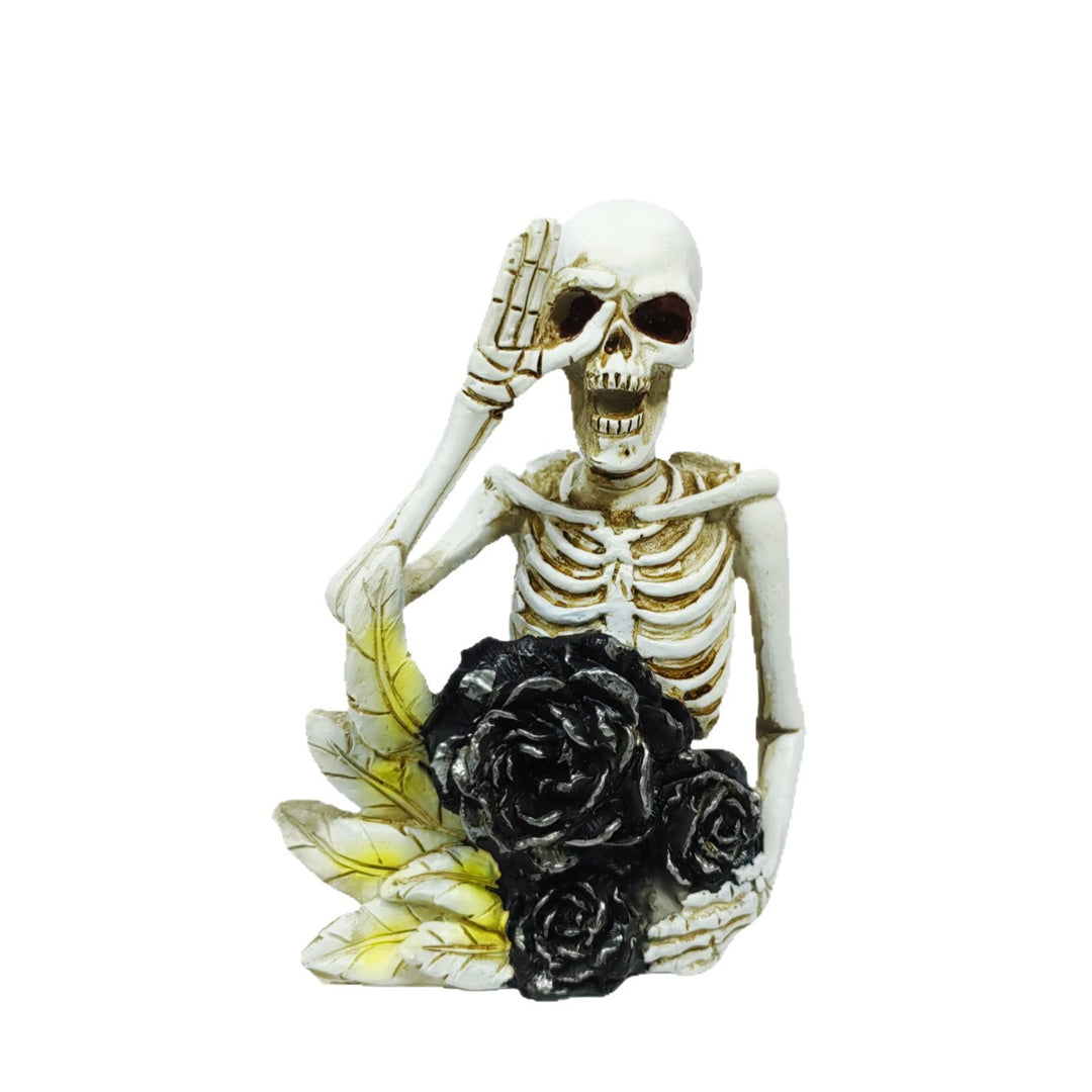 Stylish skeleton figure with top hat and black rose