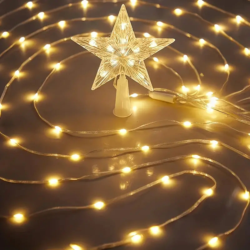 LED-lit pre-installed artificial Christmas tree with cascading star topper and ornament-ready branches