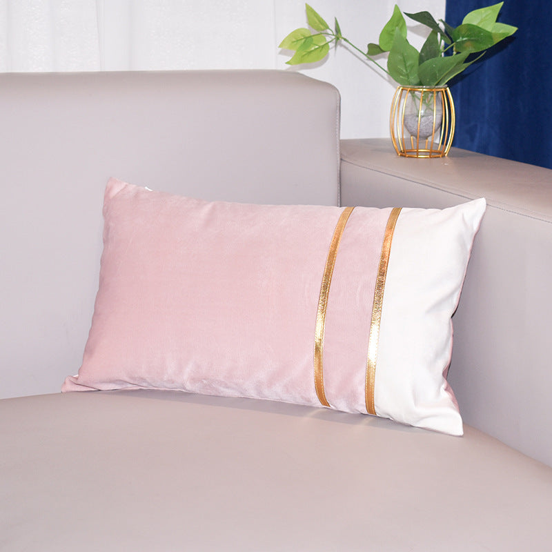 Rectangular Velvet-Blend Lumbar Cushion Cover with Dual Metallic Gold Bands