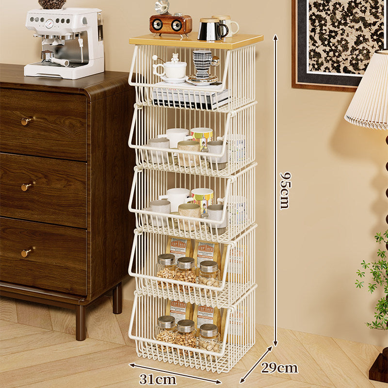 Four-Tier Industrial Wire Basket Cart with Wood Top and Swivel Locking Casters
