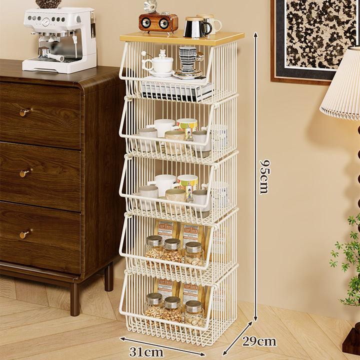 Four-Tier Industrial Wire Basket Cart with Wood Top and Swivel Locking Casters