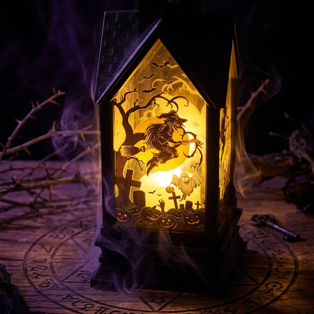 Halloween-themed LED Decorative Lantern with Silhouette Witch Pumpkin Ghost Scene