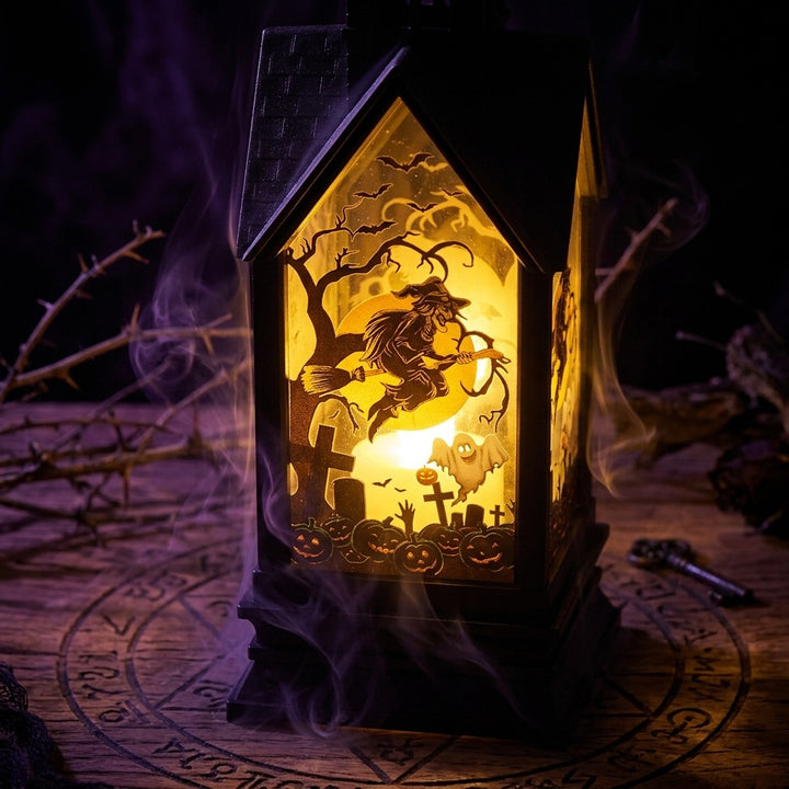 Halloween-themed LED Decorative Lantern with Silhouette Witch Pumpkin Ghost Scene