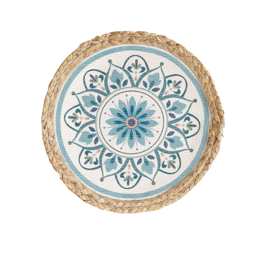 Round woven table mat made of jute with mandala cotton overlay
