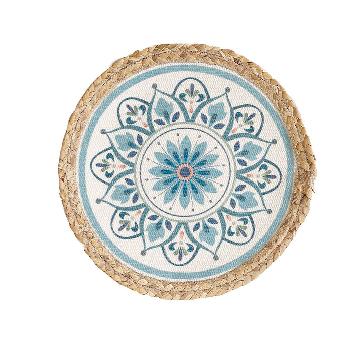 Round woven table mat made of jute with mandala cotton overlay