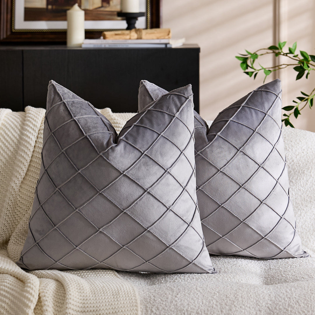Quilted Diamond Velvet Throw Pillow Cover with Hidden Zipper and Plush Insert Support