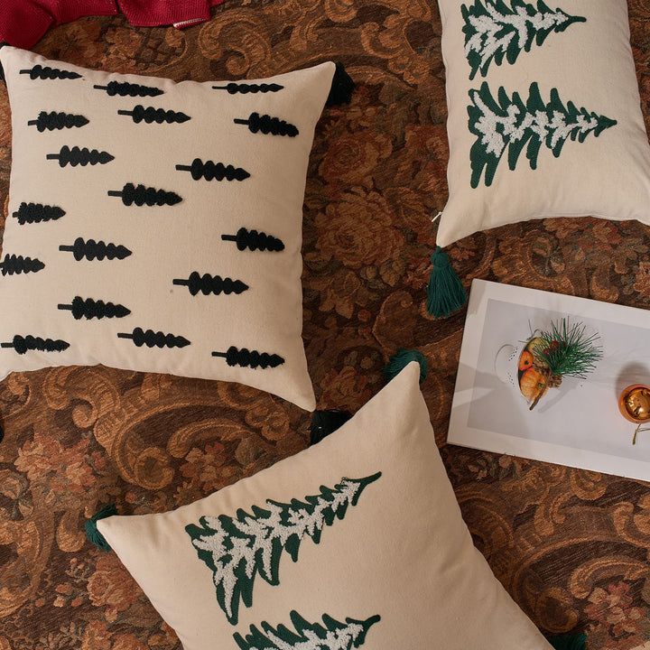 Embroidered Pine Tree Square Throw Pillow with Corner Tassels