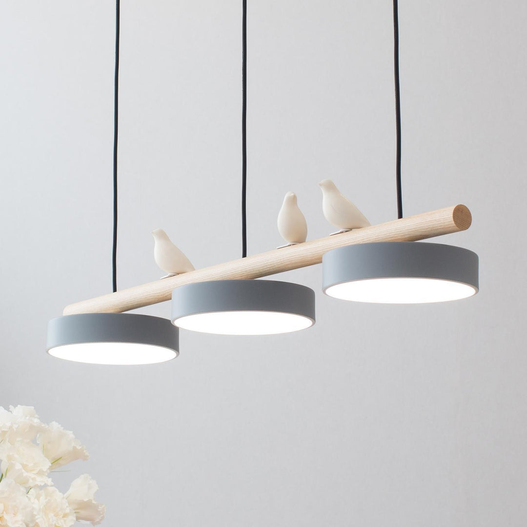 Triple Light Scandinavian Wood Beam Pendant Lamp with Ceramic Bird Accents
