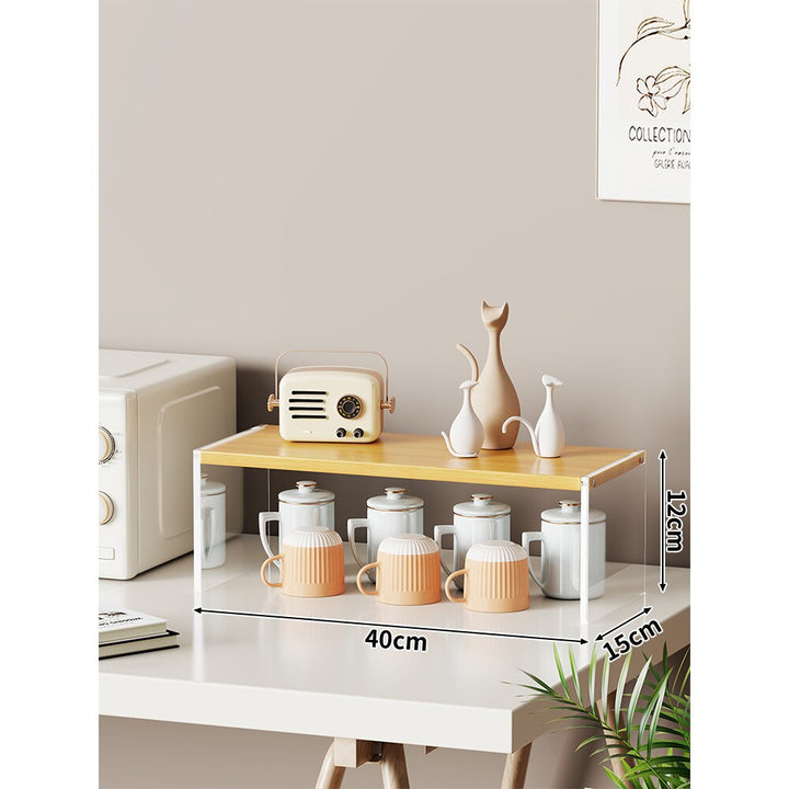 Multi-Level Bamboo-Style Countertop Kitchen Mug and Canister Organizer Shelf with Open Wood Shelves and Slim Metal Frame