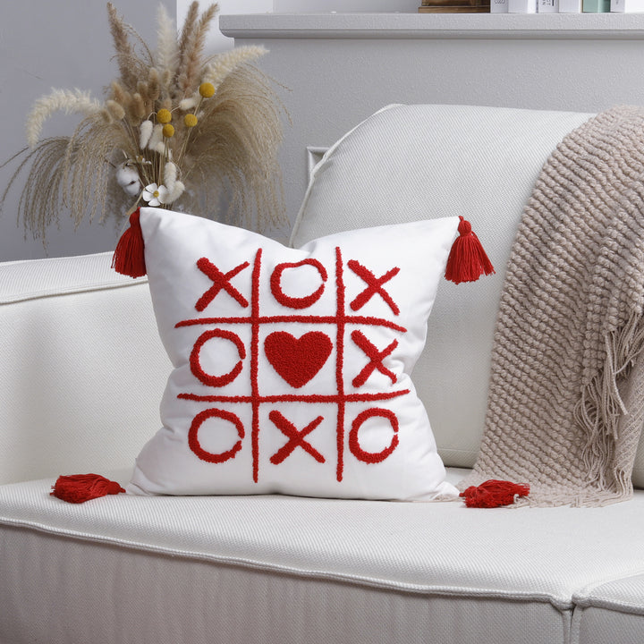 Square Decorative Pillow Cover with Fuzzy Heart Appliqué and Tassel Corners