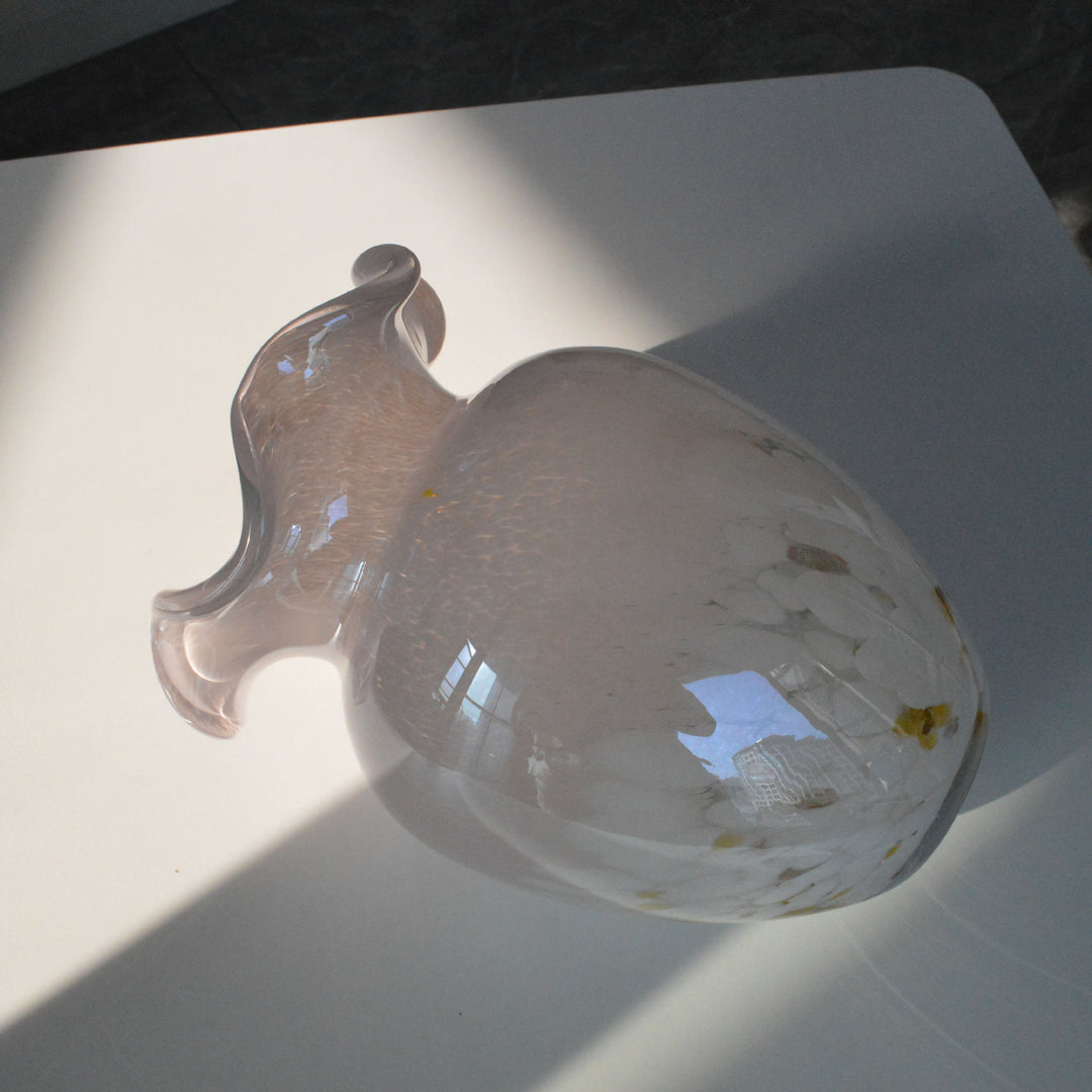 Hand-Blown Ruffled-Rim Art Glass Decorative Vase with Speckled Overlay