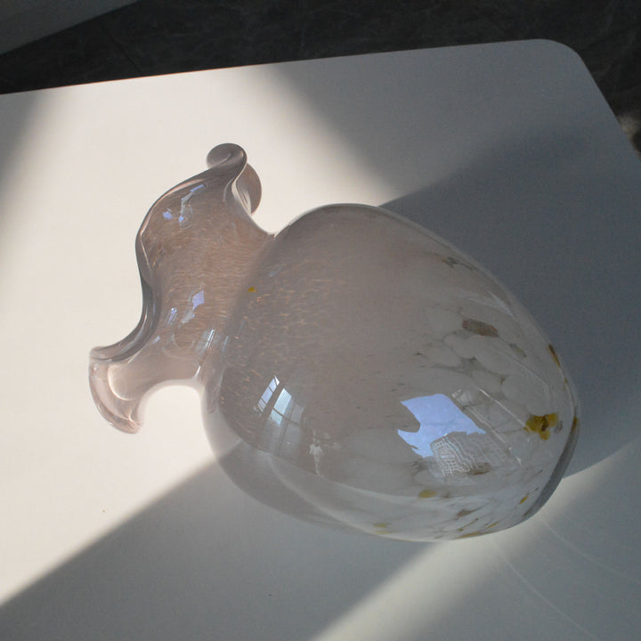 Hand-Blown Ruffled-Rim Art Glass Decorative Vase with Speckled Overlay