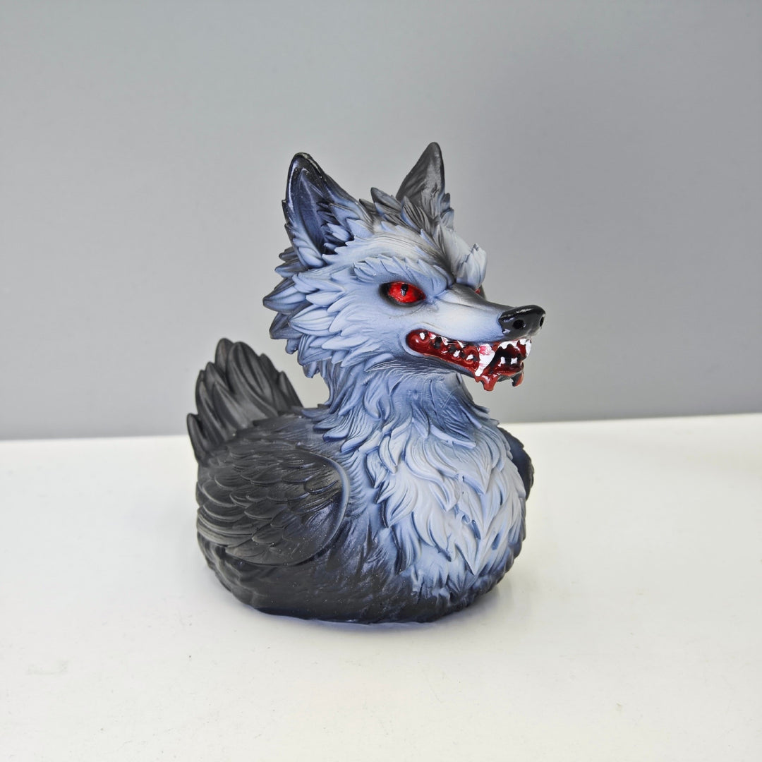 Creepy rubber duck with wolf design