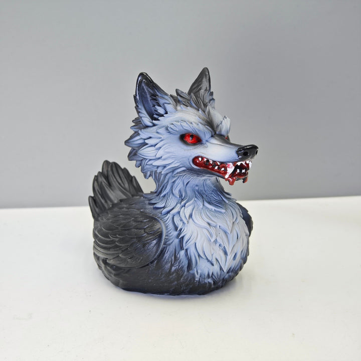 Creepy rubber duck with wolf design