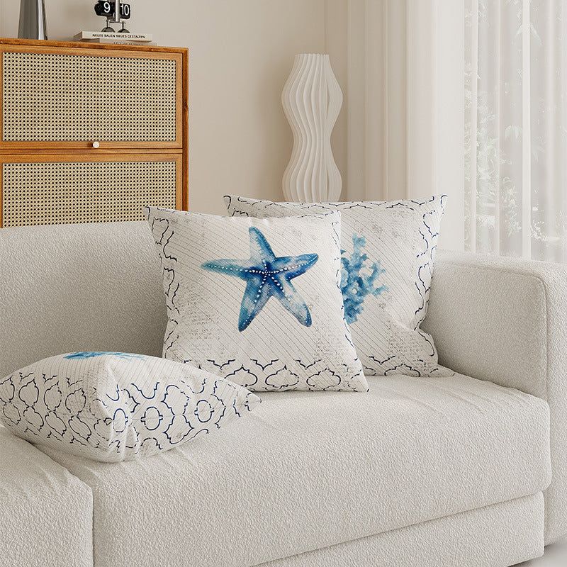 Decorative Coastal Shell Print Square Throw Pillow Cover with Textured Woven Fabric