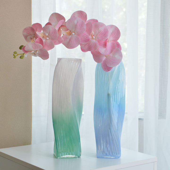 Hand-Blown Tall Ombre Ribbed Glass Floor Vase