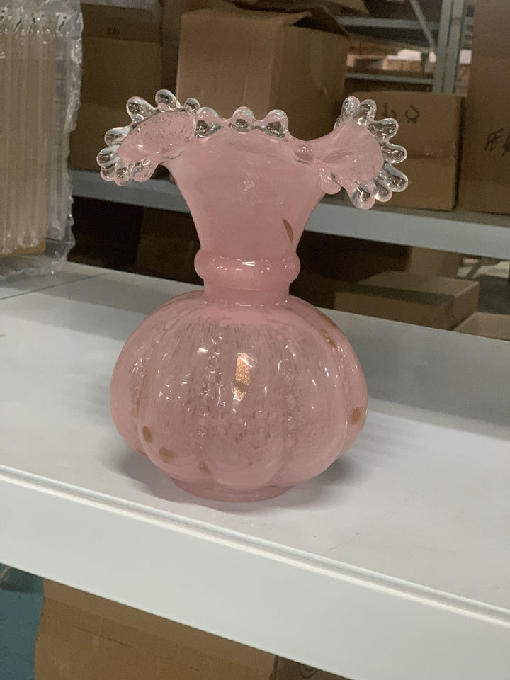 Artisanal Bulbous Milk-Glass Bud Vase with Frilled Neck & Speckled Inclusions