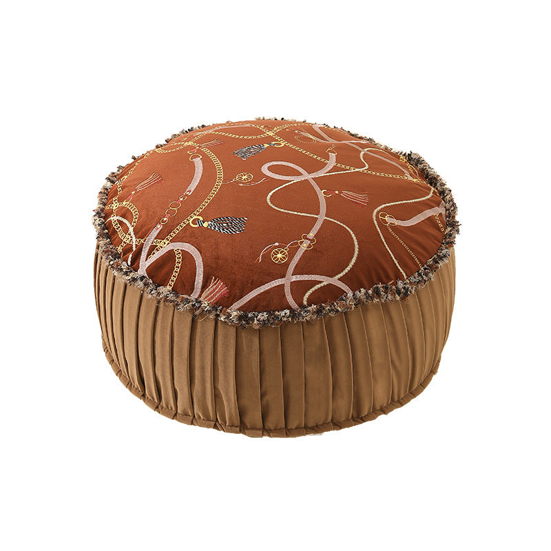 Beef hand-woven pouf with floral print and padded seat surface