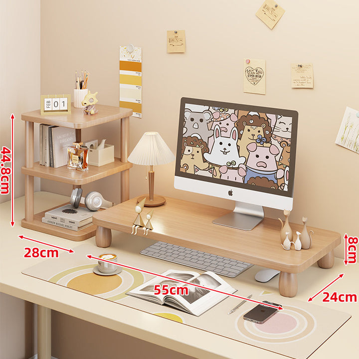 Low-Profile Ergonomic Wooden Desktop Monitor Lift with Under-Shelf Keyboard Storage