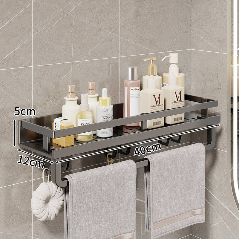Compact Wall-Mounted Bathroom Shelf with Integrated Towel Rail and Multi-Hook Metal Organizer