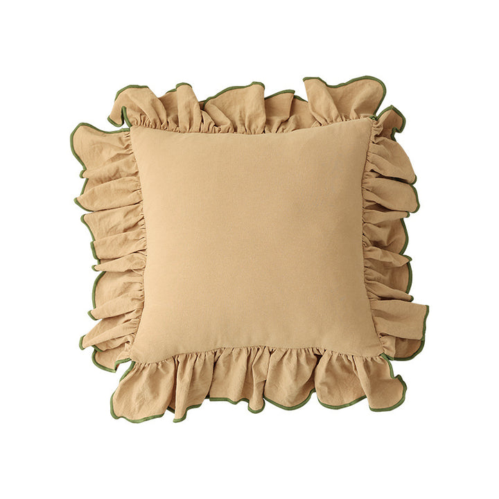 Romantic decorative cushion with gathered ruffles and linen look