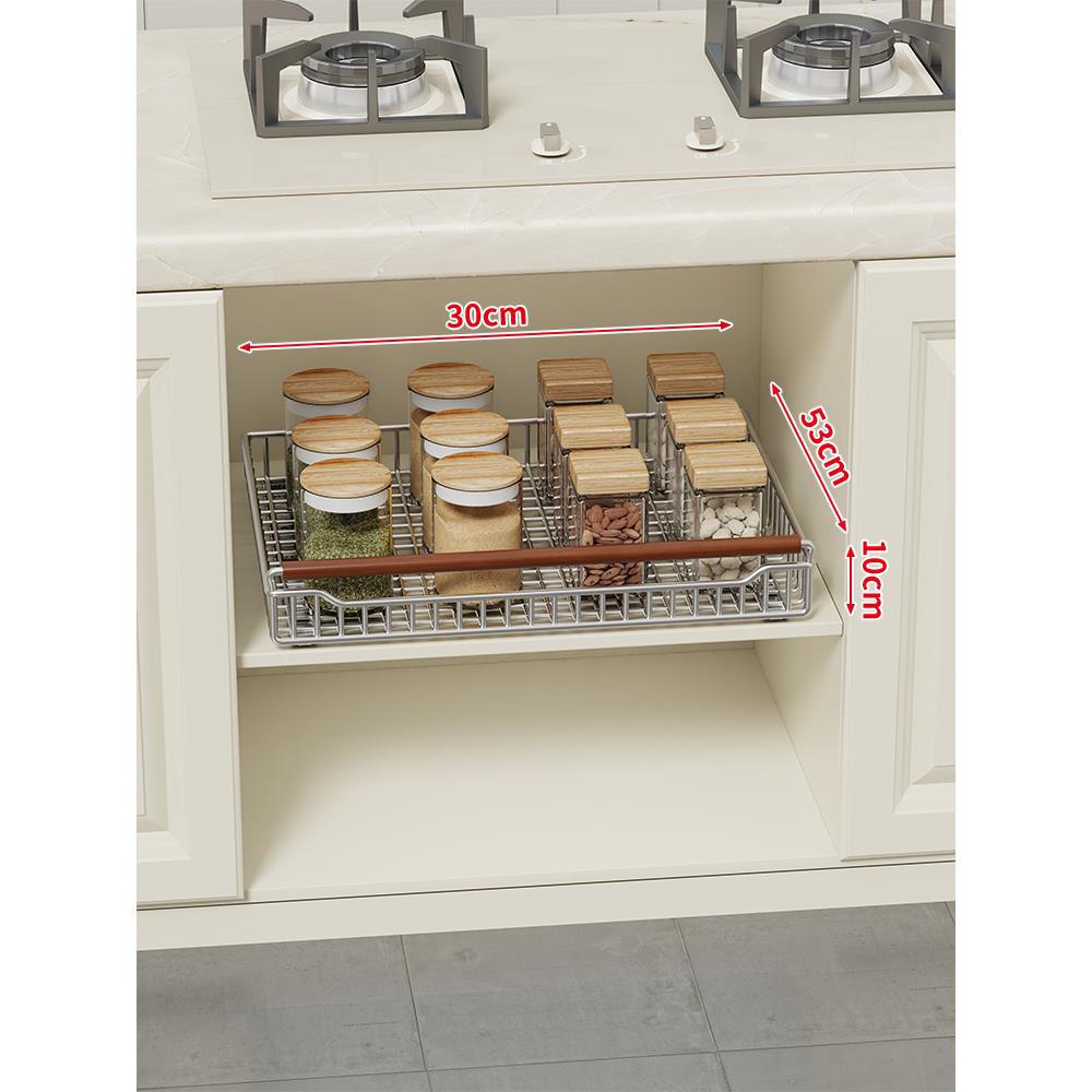 Pull-Out Sliding Under-Cabinet Wire Basket Organizer with Wooden Front Handle