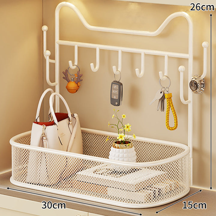 Wall-Mounted Mesh Entryway Organizer with Multi Hooks and Deep Storage Basket