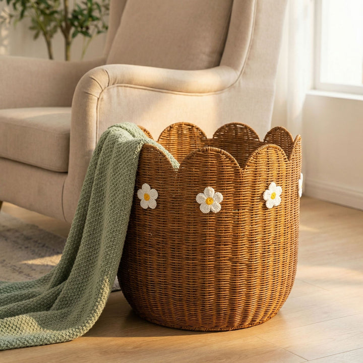 Rattan basket with flower motif