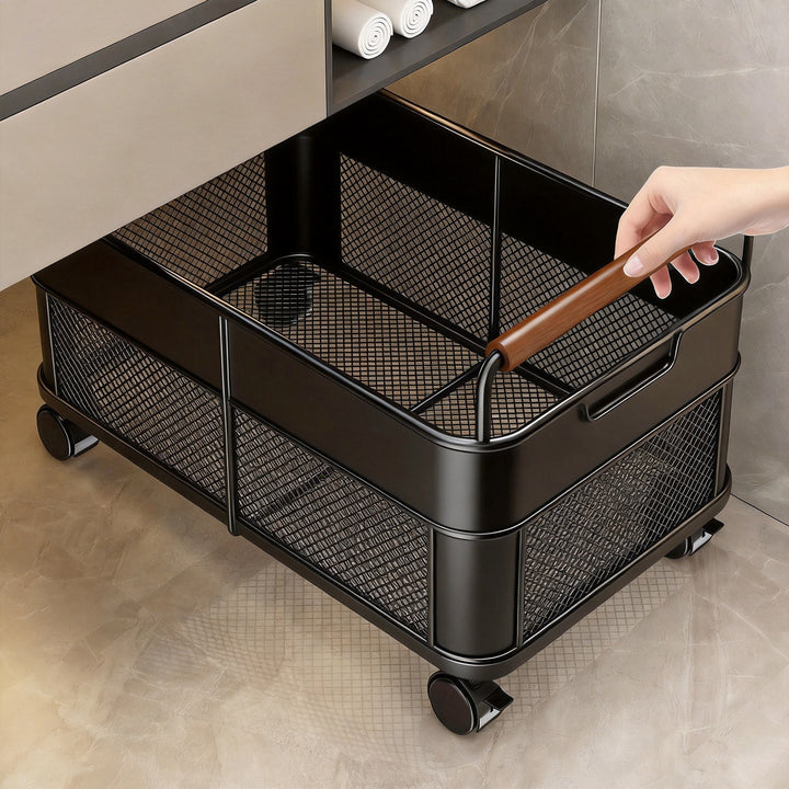 Compact Mesh Rolling Storage Cart with Wooden Handles