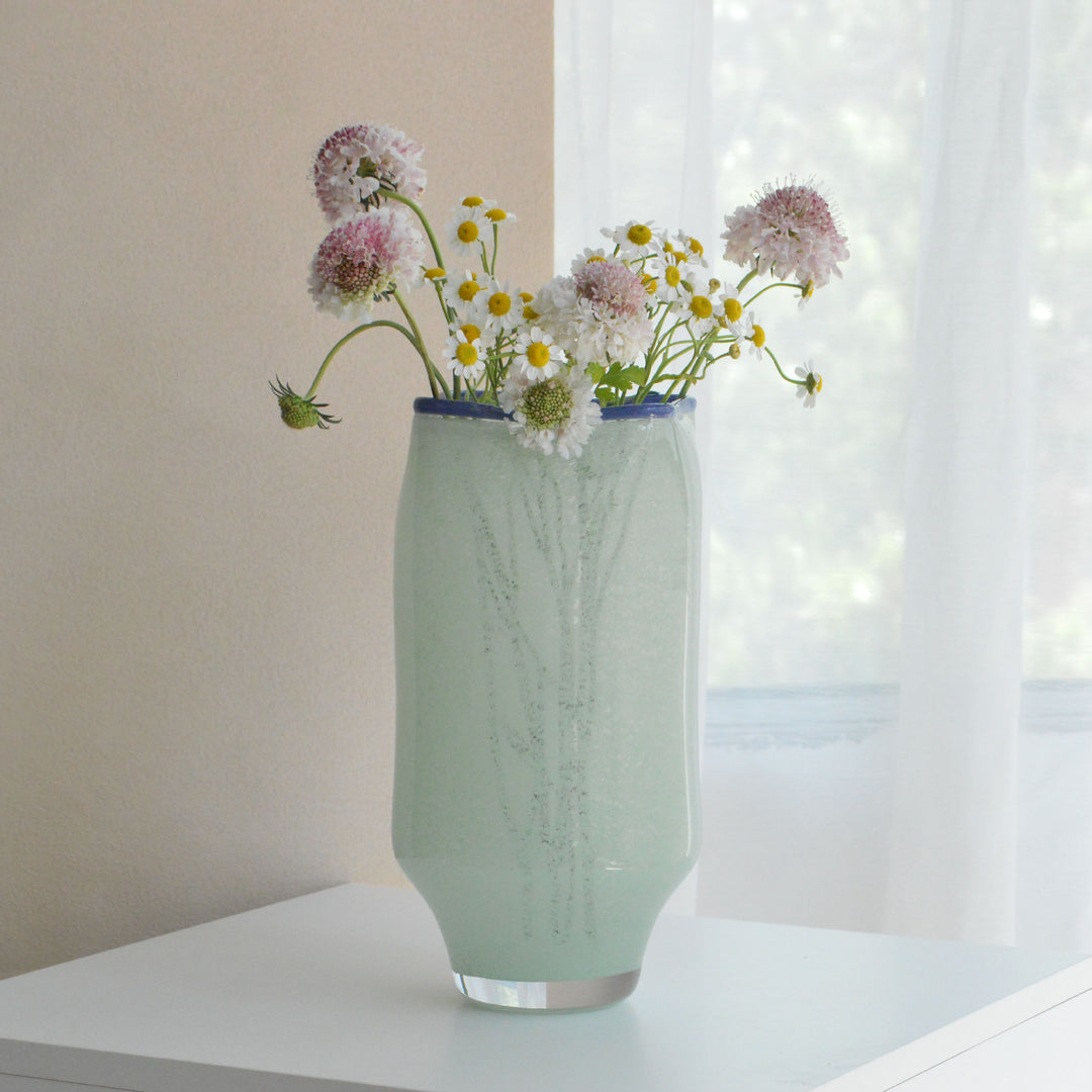 Hand-Blown Tall Decorative Glass Vase with Wavy Rim