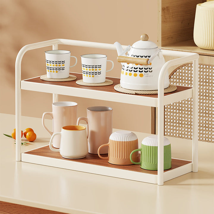 Two-Tier Compact Countertop Kitchen and Tea Station Shelf with Wood-Effect Trays
