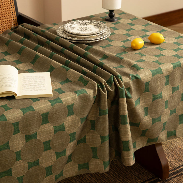 Woven rectangular tablecloth with geometric floral pattern and linen look