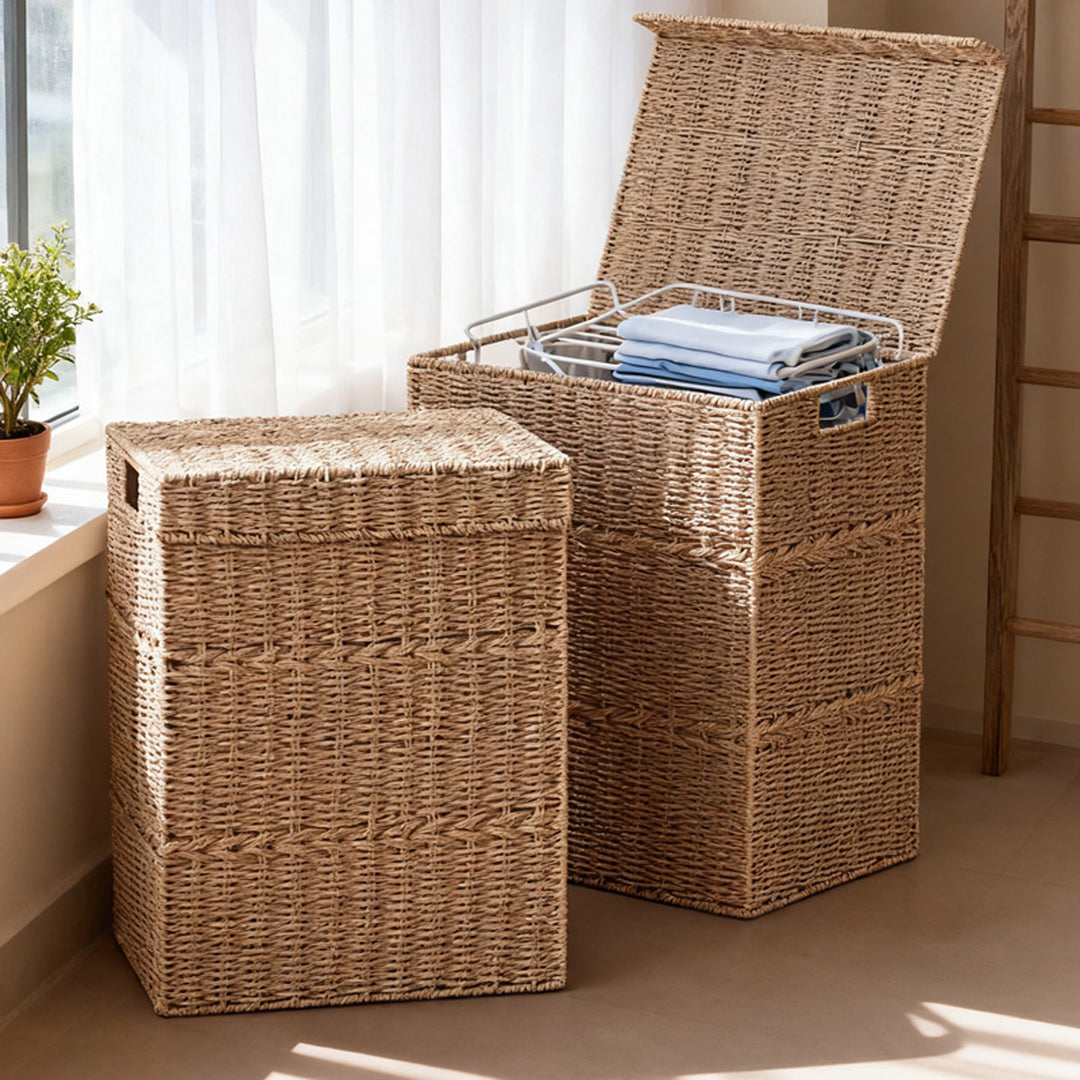 High-quality laundry basket with lid and natural weave