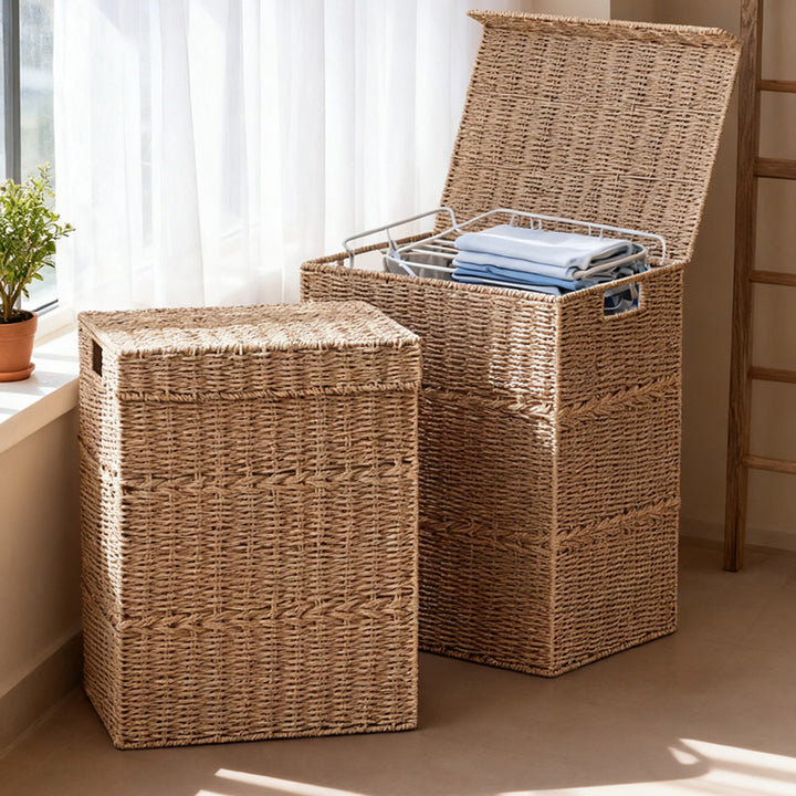 High-quality laundry basket with lid and natural weave