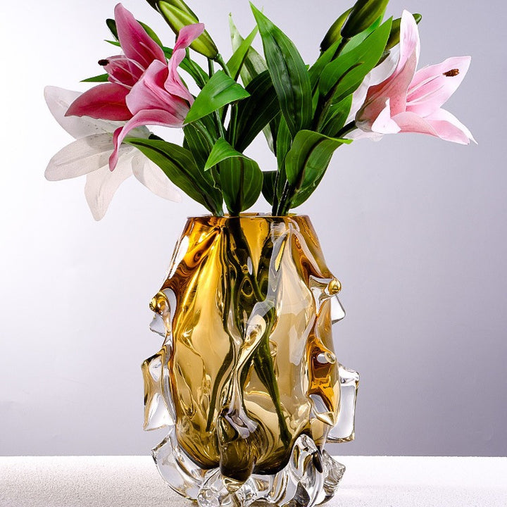 Sculptural Hand-Blown Organic Textured Art Glass Vase with Melted-Edge Pedestal