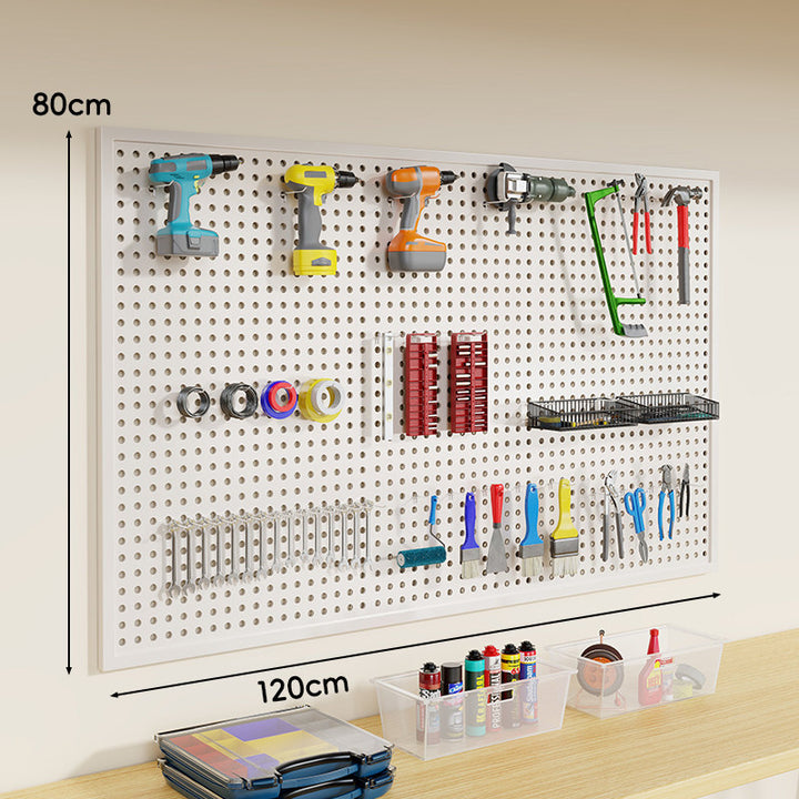 Heavy-Duty Wall-Mounted Perforated Steel Pegboard Tool Organizer with Modular Hooks and Shelf