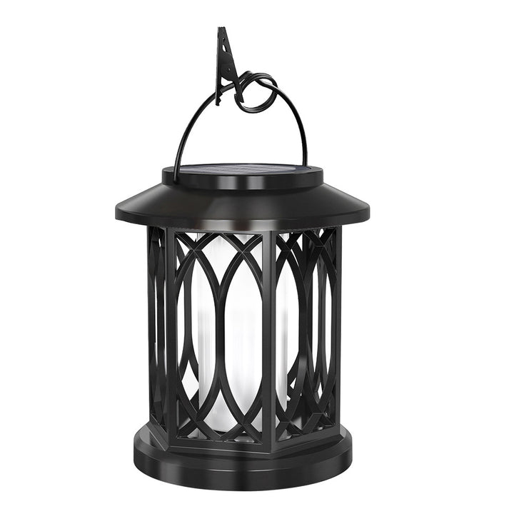 Decorative solar-powered hanging lantern for outdoor use with iron mesh frame