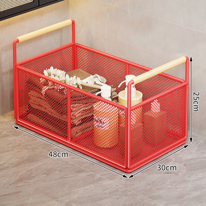 Rectangular Metal Mesh Countertop Storage Basket with Wooden Carry Handles