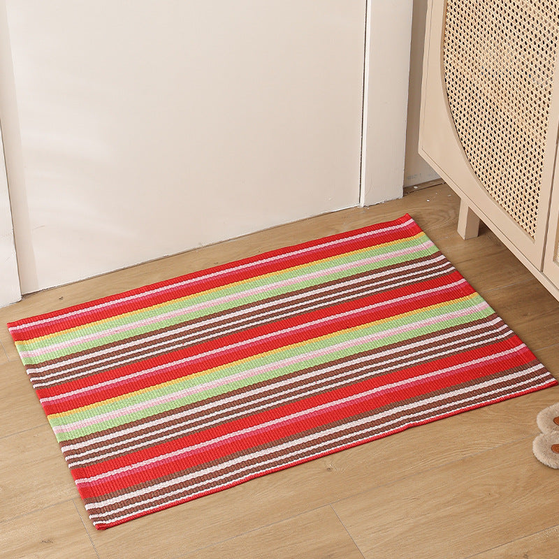 Striped cotton doormat with non-slip bottom and decorative woven edge