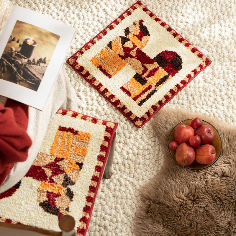 Hand-tufted square decor bath mat with animal motif and non-slip back